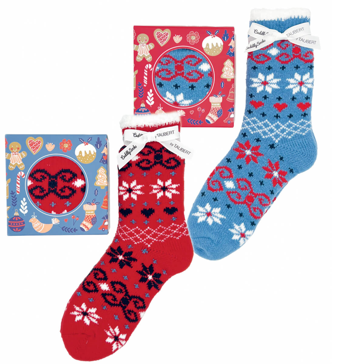 HAPPY CHRISTMAS darčekovo balené vianočné ponožky s nórskymi vzormi v krabičke Taubert